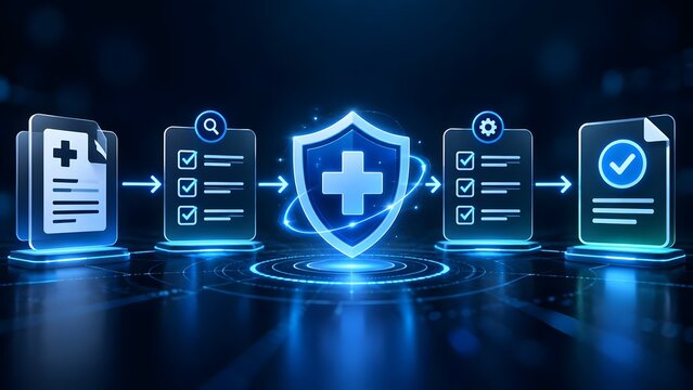 Digital medical document workflow passing through glowing blue health shield representing secure insurance claim processing and healthcare data verification