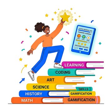 Young student stepping up a staircase made of books toward a glowing star for gamified learning success