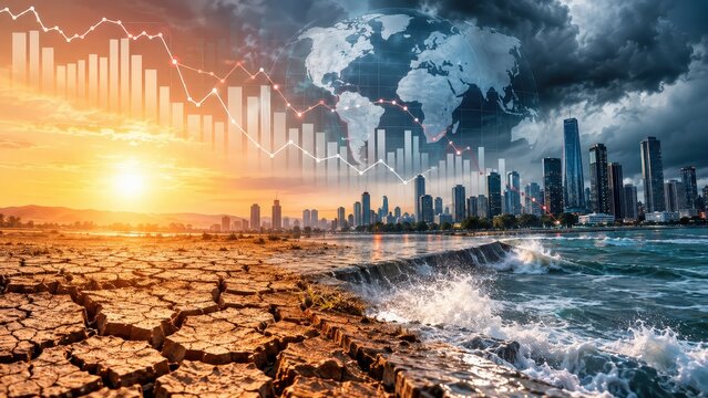 Cracked dry earth stormy ocean city buildings and financial charts combine with a world map to illustrate global climate risk