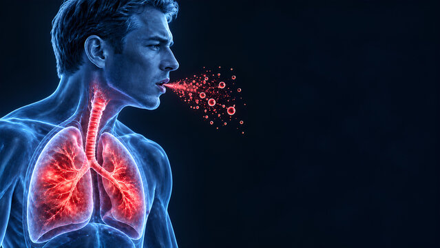 Pneumonic plague lungs and Yersinia pestis bacteria in translucent 3D medical illustrations with red inflammation highlights on dark blue backgrounds for public health posters and patient education