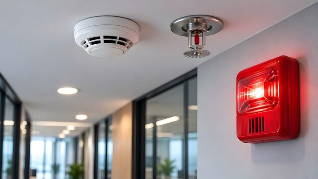 Smoke detector fire sprinkler and red alarm strobe on modern office ceiling, representing corporate building safety and emergency prevention system