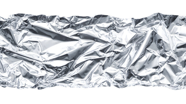 Crumpled metallic silver foil strip on white background