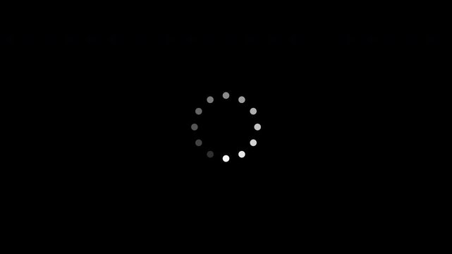 Seamless loop of a circular loading progress symbol on a solid black screen, featuring a mechanical elastic snapping rotation resembling the ticking of a clock.
