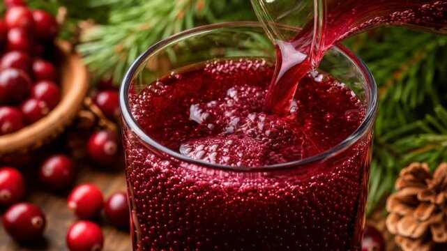 Fresh cranberry juice being poured into a glass with fresh cranberries and pine cones in the background
