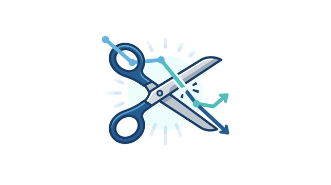 Blue scissors cutting a financial line graph to represent cost reduction