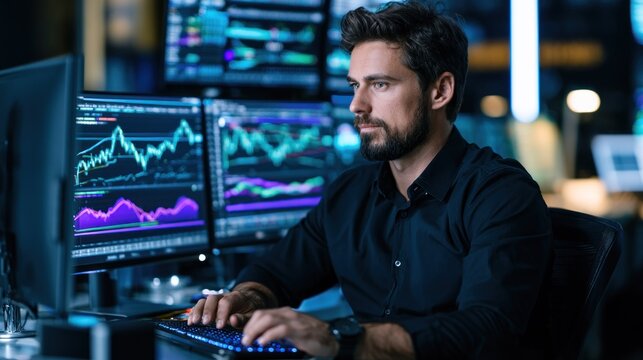 A man in a black shirt, seated at a desk with multiple computer monitors displaying financial charts and data.