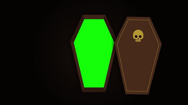 A golden skull icon adorns a brown coffin that animates, opening to reveal a bright green screen on a dark background.