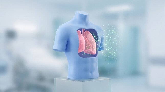Medical mannequin torso displaying stylized glowing lungs exhaling sparkling dust particles