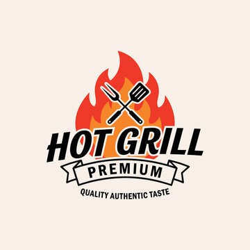Hot grill premium logo with fire and cutlery