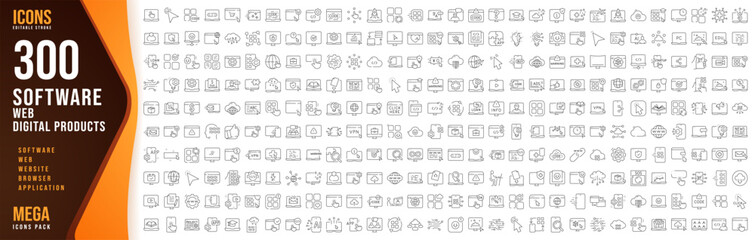 Obraz na płótnie Canvas 300 Software, Web, Digital Products Line Icons Set, Editable Vector Collection