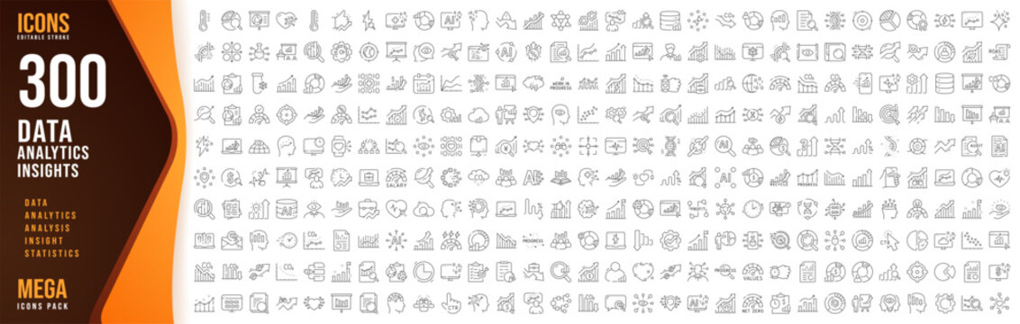 300 Data, Analytics, Insights Line Icons Set, Editable Vector Collection
