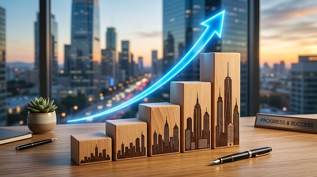 Rising city growth graph on office desk