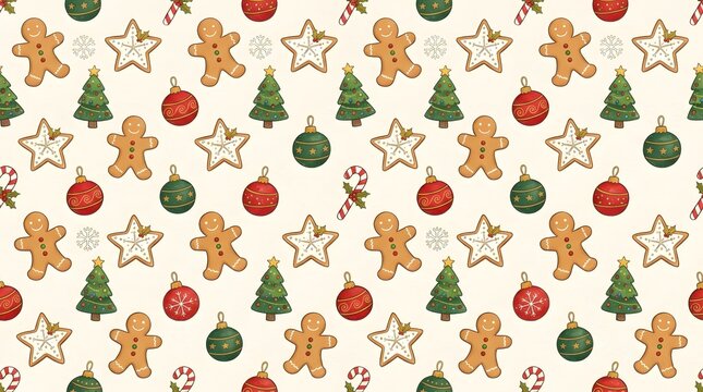 Seamless christmas pattern with gingerbread men cookies and colorful holiday ornaments on a light cream background