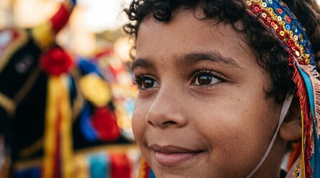 Crian&ccedil;a brasileira feliz usando faixa colorida com lantejoulas na festa tradicional do bumba meu boi