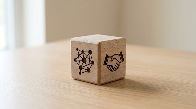 Wooden block with handshake and network