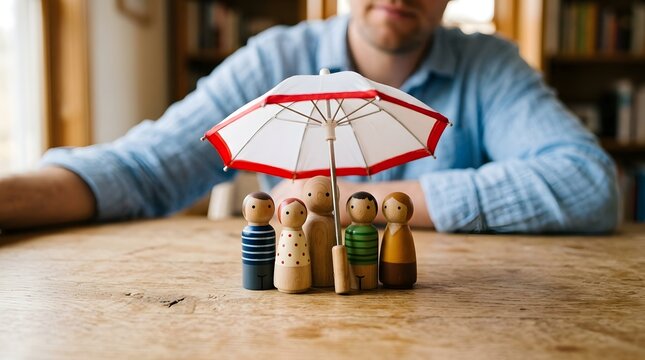 Creative concept with vintage bowling pins and a miniature parasol indoors