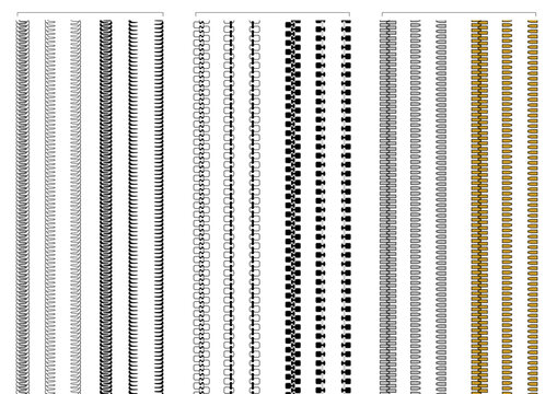 Zipper pattern brushes vector set, metal, coil, plastic and moulded tooth zip types for fashion CAD, flats and tech packs