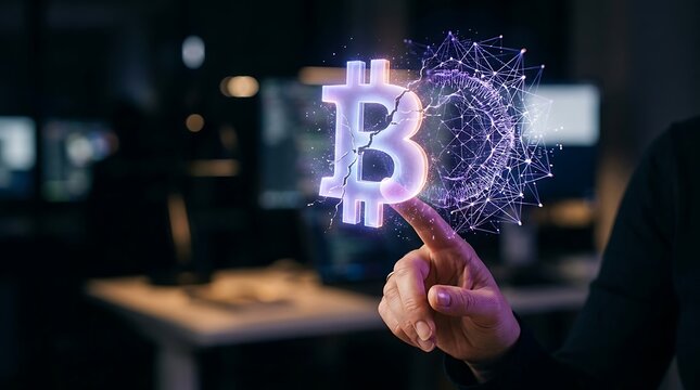 Finger touching glowing bitcoin cryptocurrency hologram in dark office with digital data and network lines