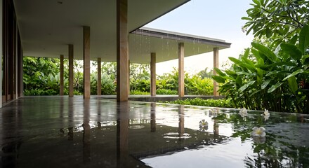 Fototapeta premium Photograph of a covered terrace in a tropical building shortly after heavy rain, the smooth dark concrete floor still wet and glossy and mirroring the slender columns.