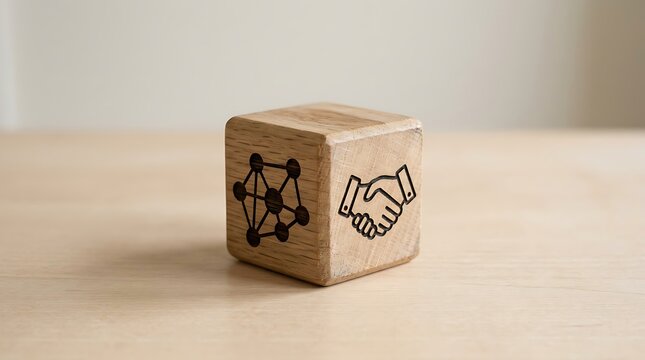Wooden block with handshake and network