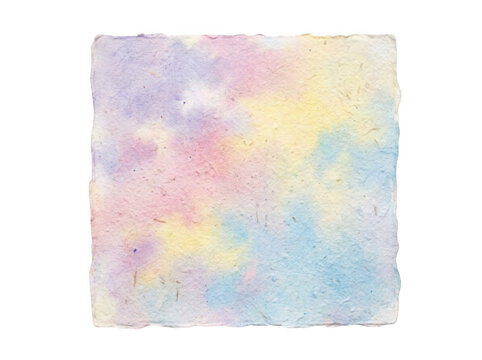Square watercolor handmade paper sheet with pastel washes isolated on transparent background