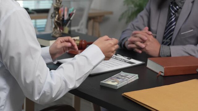 Female Client Submitting Case Files and Envelopes to Attorney During Legal Consultation in Law Firm