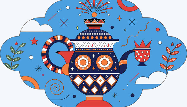 Whimsical Teapot and Cup Illustration with Festive Elements