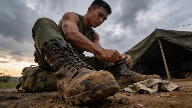 Field recruit soldier polishing combat boots by brushing off dried mud outside camp tent at dusk.