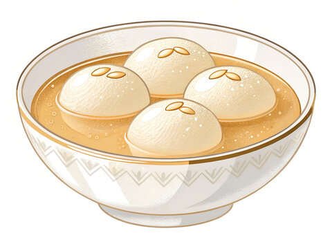 Rasgulla  a small bowl filled with soft white rasgulla floating in clear sugar syrup, premium vector style