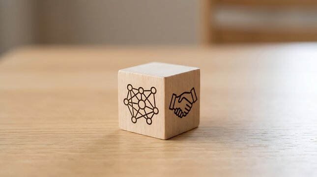 Wooden cube with network and handshake icon
