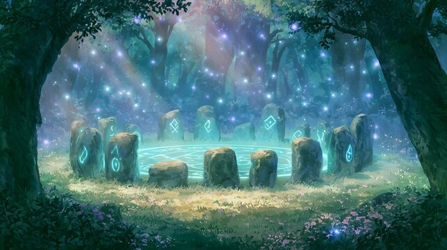 Stone circle with blue glowing runes in an enchanted forest