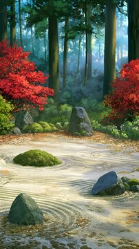 Japanese zen garden with raked gravel and red maple trees