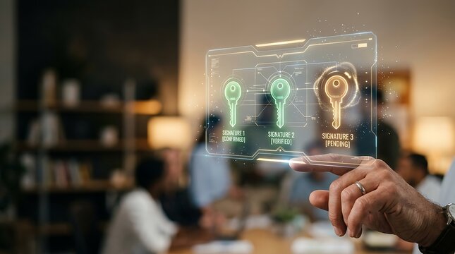 Businessman interacting with a futuristic transparent display showing digital signature verification statuses during a meeting, representing advanced security and data access management