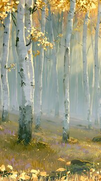 Birch forest with golden autumn leaves in misty morning light