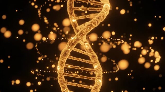 Glowing DNA Double Helix Rotating Loop on Dark Background Macro Genetic Animation

