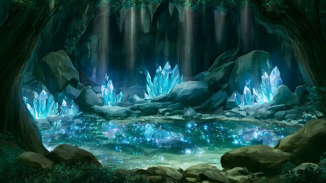 Hidden forest cavern with glowing blue crystals and underground pool