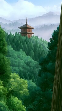 Wooden pagoda temple in a misty mountain forest with green trees
