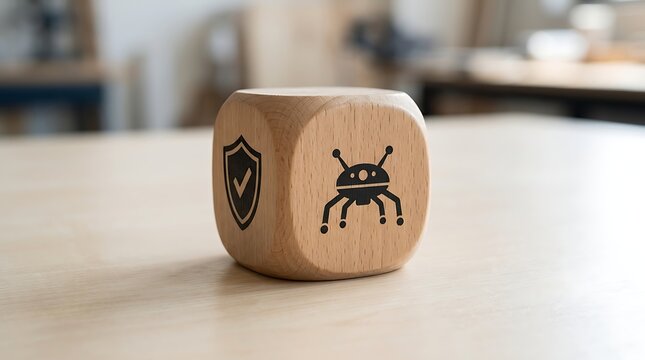 Wooden dice with cyber security icons