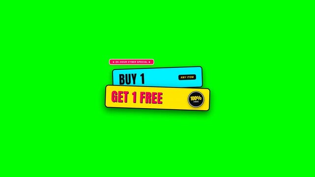 Cyber Monday BOGO Buy One Get One Free Pop Art Retail Promo Decal 4K Loop Isolated on Green Screen Chroma Key Background