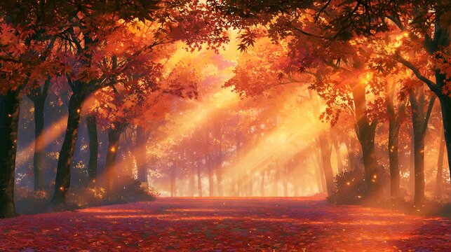 Autumn park path with red maple leaves and golden sunbeams