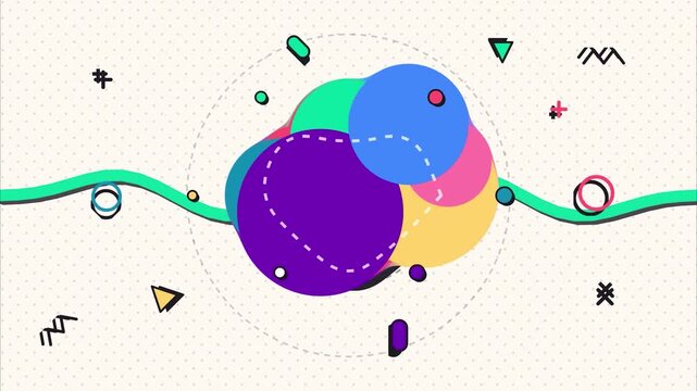 Abstract colorful circles wavy lines memphis retro geometric style dynamic background for creative presentation