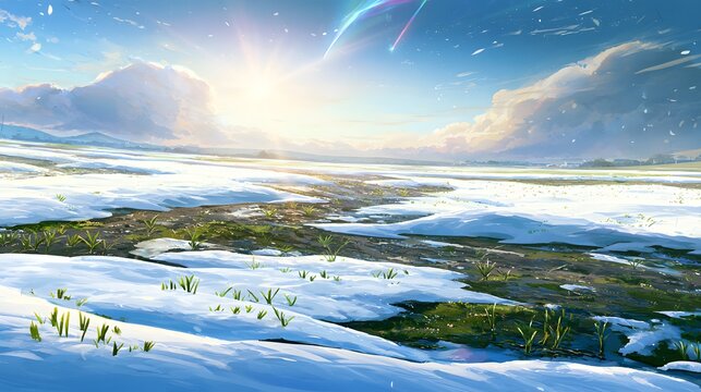 Anime landscape of melting snow and green grass under morning sun