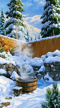 Wooden hot spring tub with steam in snowy mountain garden