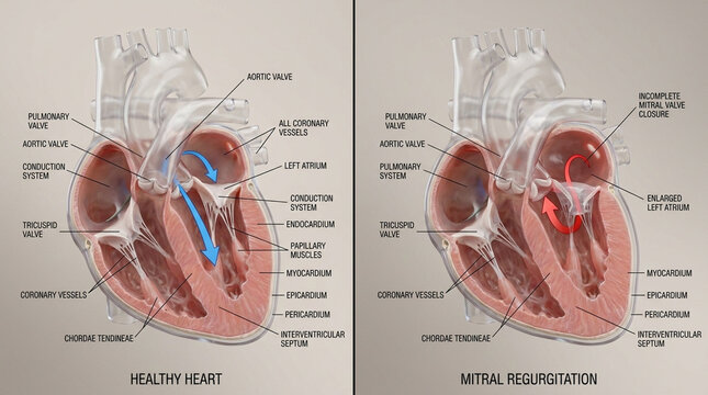 Human heart anatomy comparison healthy heart versus mitral regurgitation two panel medical illustration showing incomplete valve closure and backward blood flow