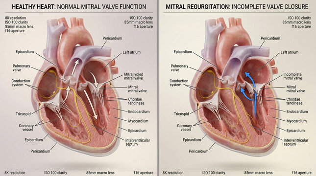 Human heart anatomy comparison healthy heart versus mitral regurgitation two panel medical illustration showing incomplete valve closure and backward blood flow