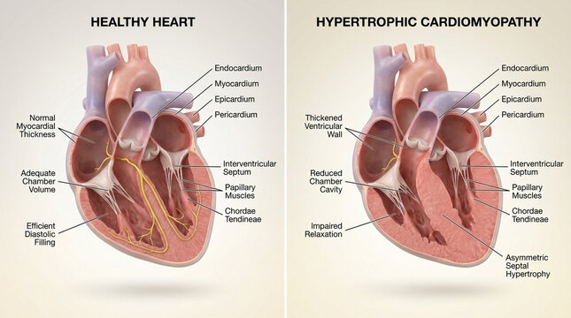 Human heart anatomy comparison healthy heart versus hypertrophic cardiomyopathy two panel medical illustration showing thickened myocardium reduced chamber and septal hypertrophy