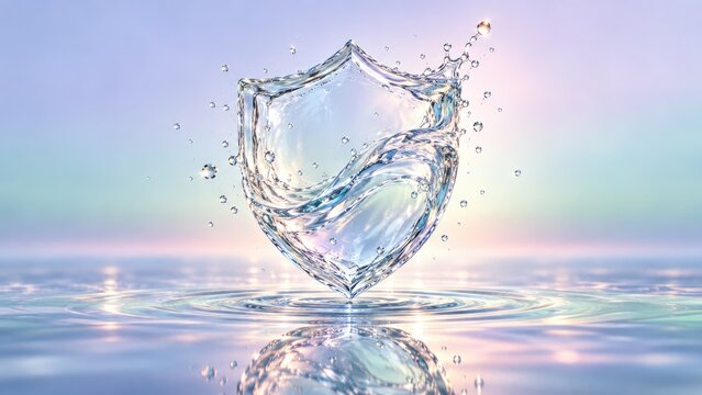 Shield symbol formed from splashing crystal clear water hovering over calm ripple surface depicting security hygiene protection and hydration product concept.