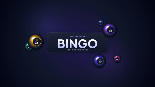 A dark, modern digital background with a central 'BINGO' event banner surrounded by colorful, glossy bingo balls with numbers, suggesting a game or lottery.