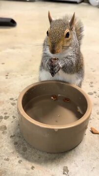 Pet Grey Squirrel Eating Nut and Drinking Water From Bowl Close Up