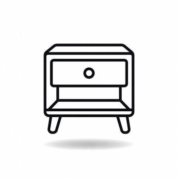 Minimal black line art nightstand icon floating over soft shadow on white background